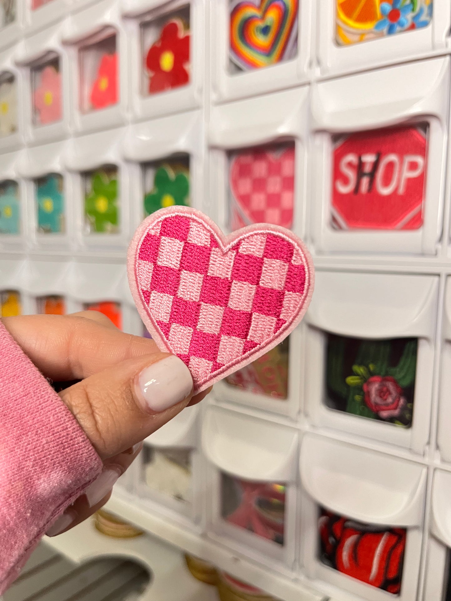 2” Pink Checkered Heart | Embroidered Patch