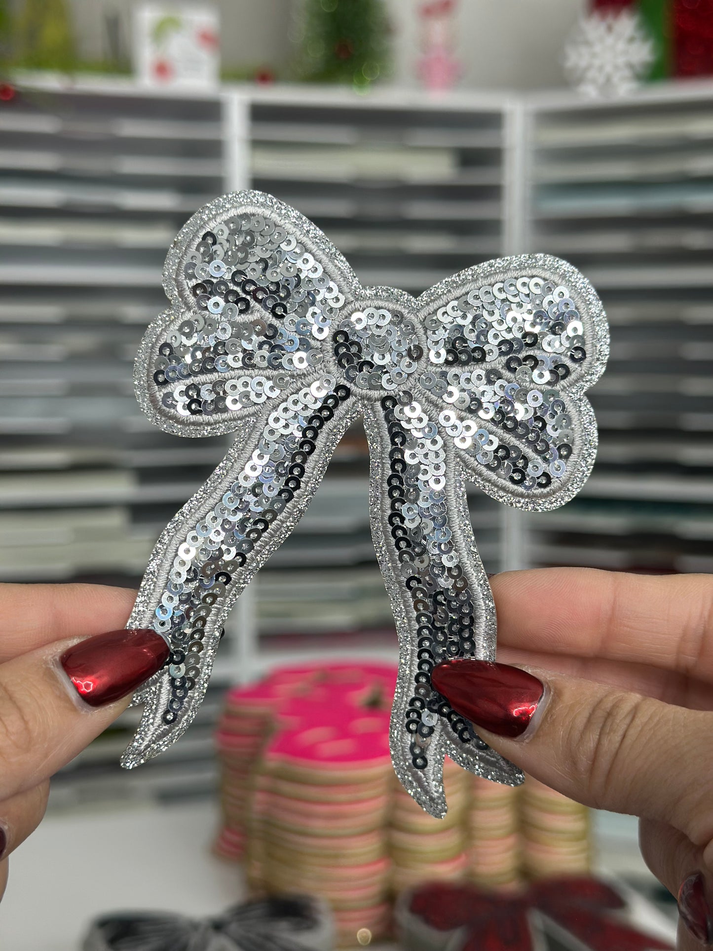 Small Silver Bow Sequin Patch