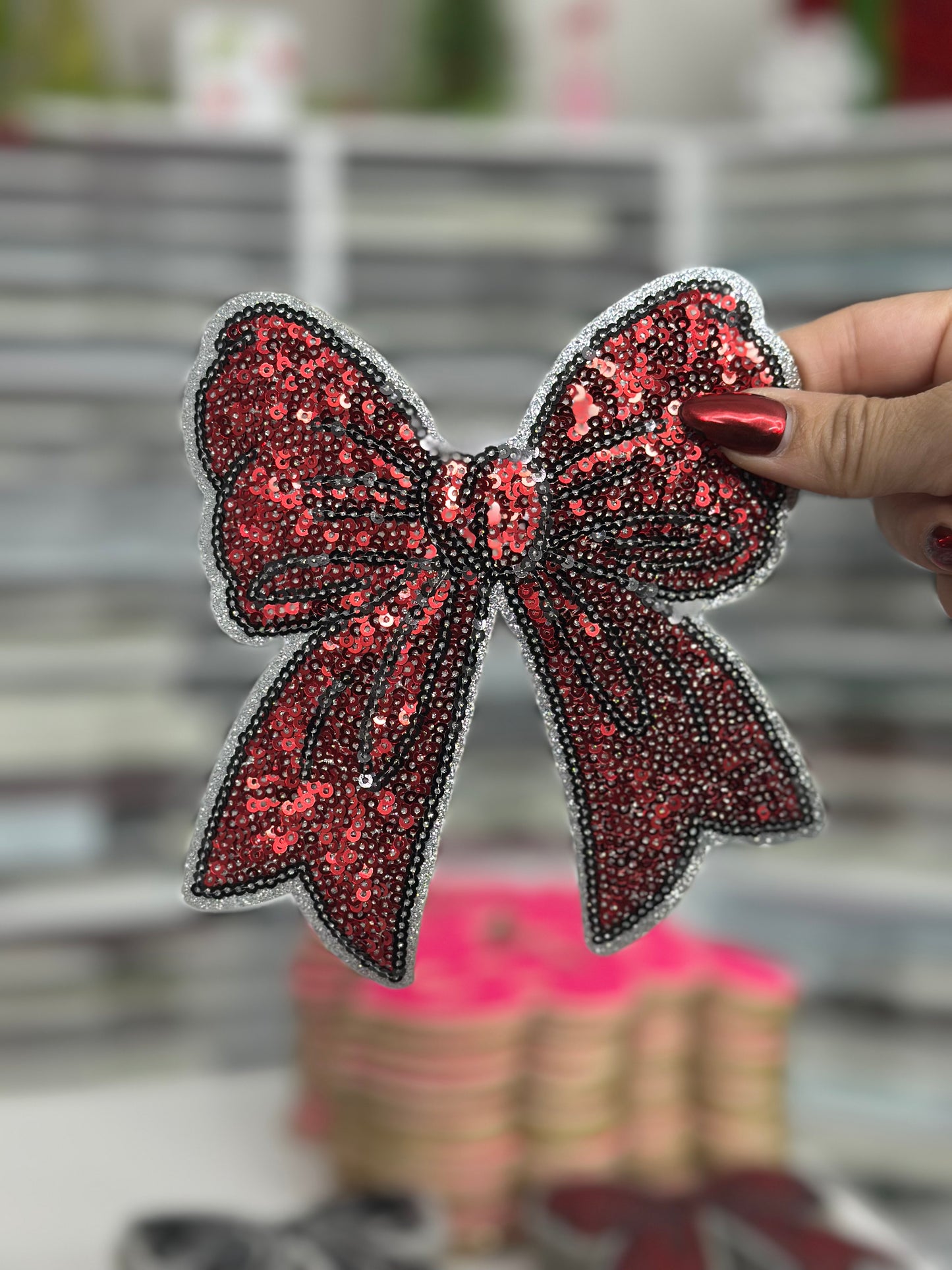 Red On Silver Bow Sequin Patch