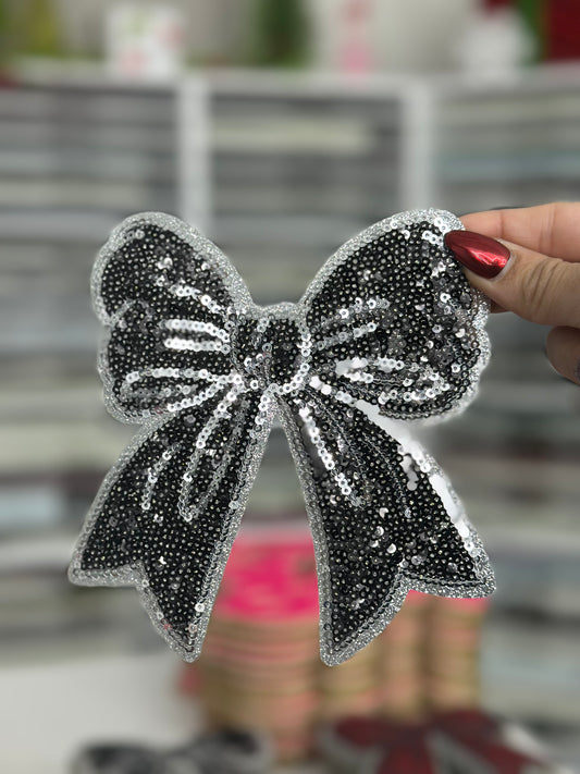 Black On Silver Bow Sequin Patch