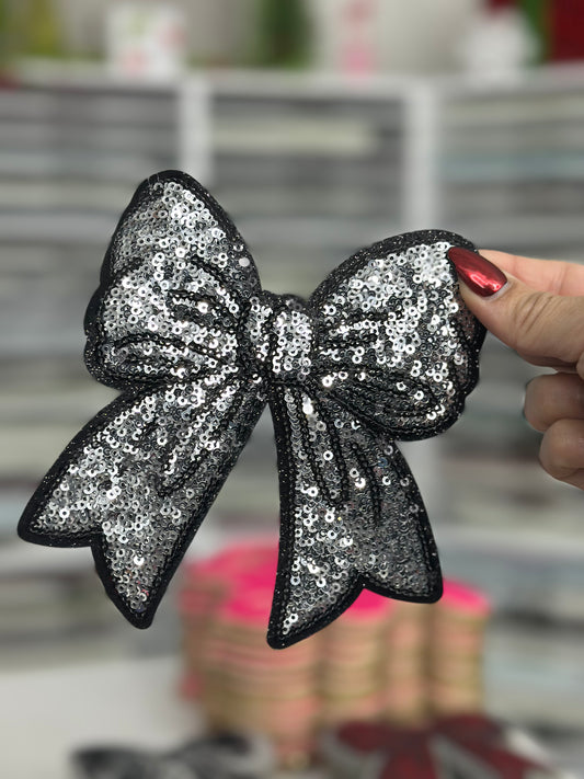 Silver On Black Bow Sequin Patch